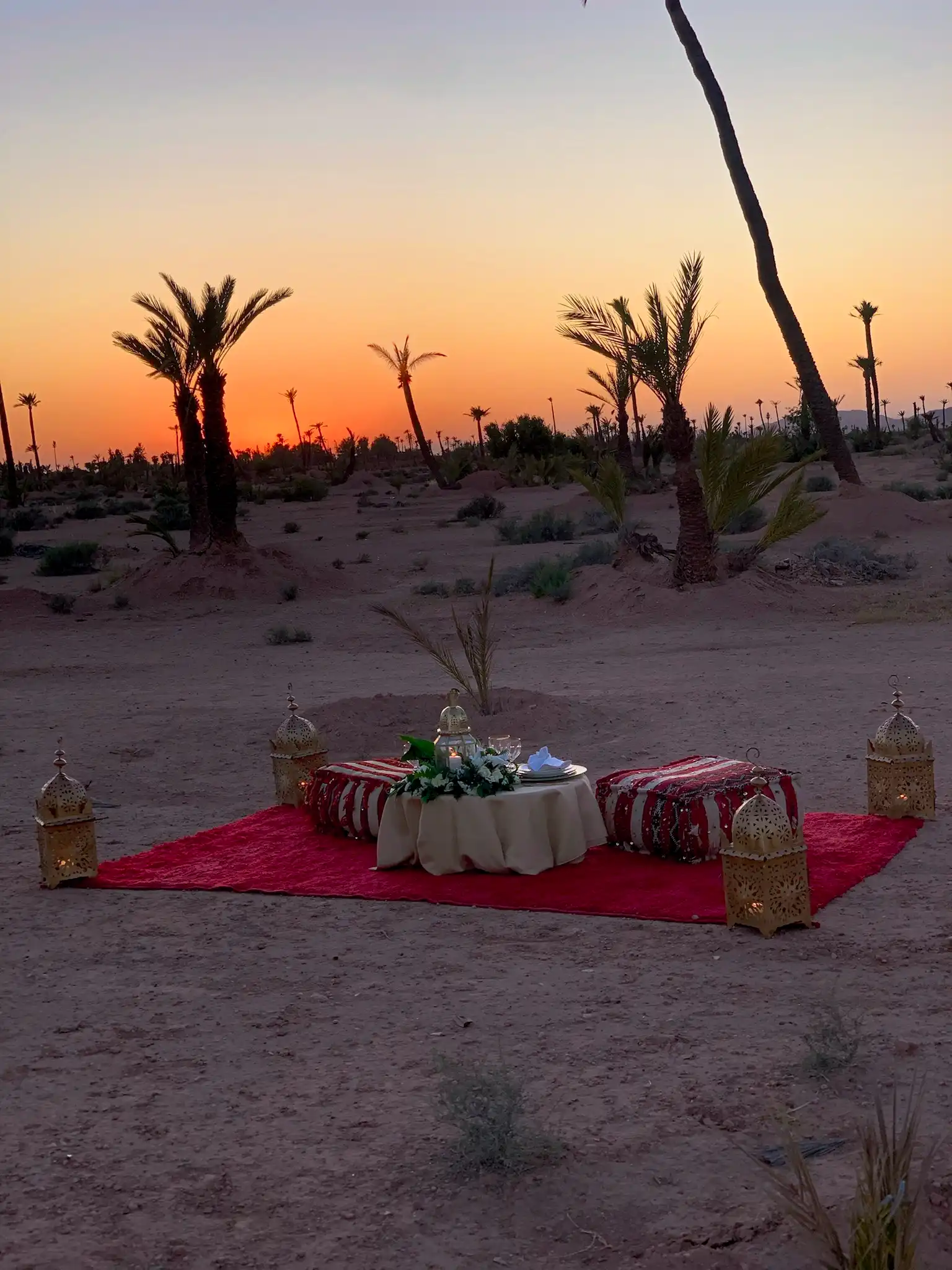 Fully bespoke marriage proposal setup in the Palmeraie of Marrakech at sunset by Rose Mirage