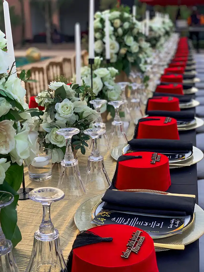 Bespoke event table details with personalized guest name settings in Marrakech by Rose Mirage
