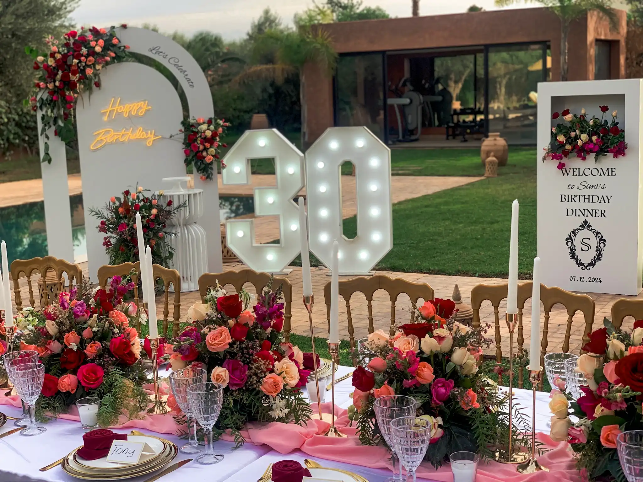Elegant milestone celebration with floral event setup for a birthday in Marrakech by Rose Mirage